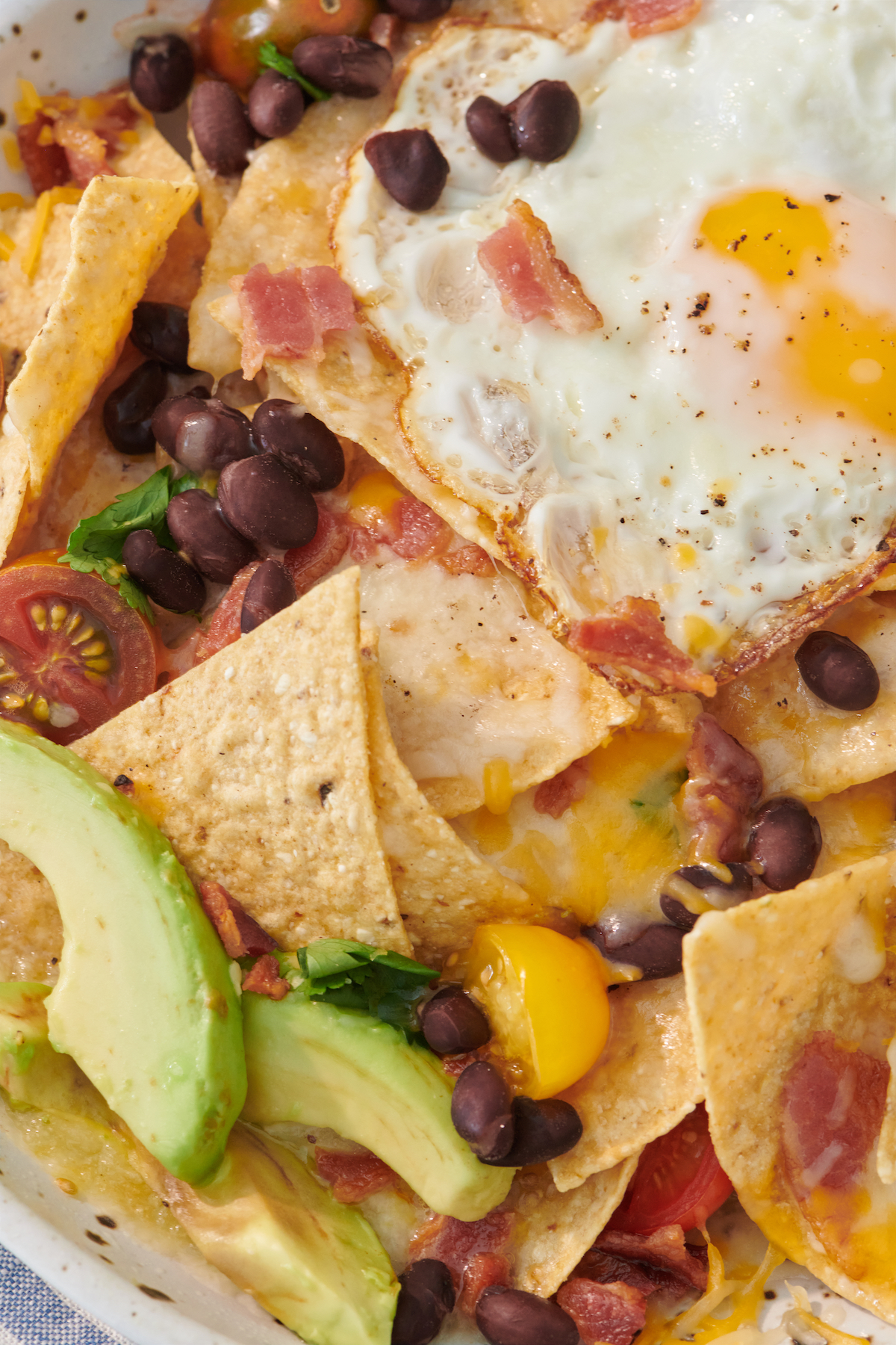 sliced avocado, tomatoes, black beans, cheese on tortilla chips
