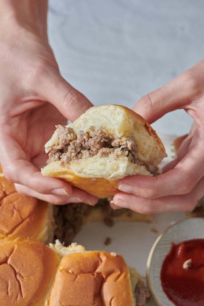 side view of cheeseburger slider