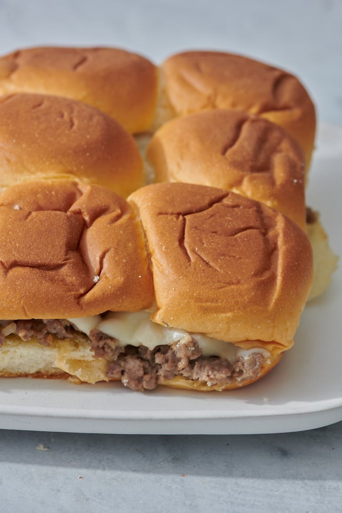 side view of slider with ground beef and cheese
