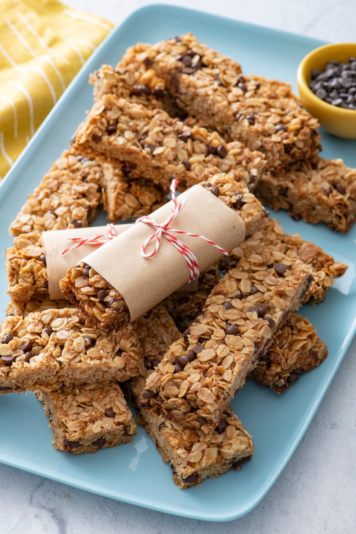 Homemade Chocolate Chip Granola Bars on a serving plate