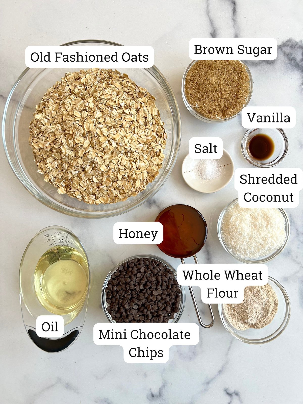 Chocolate chip granola bar ingredients.