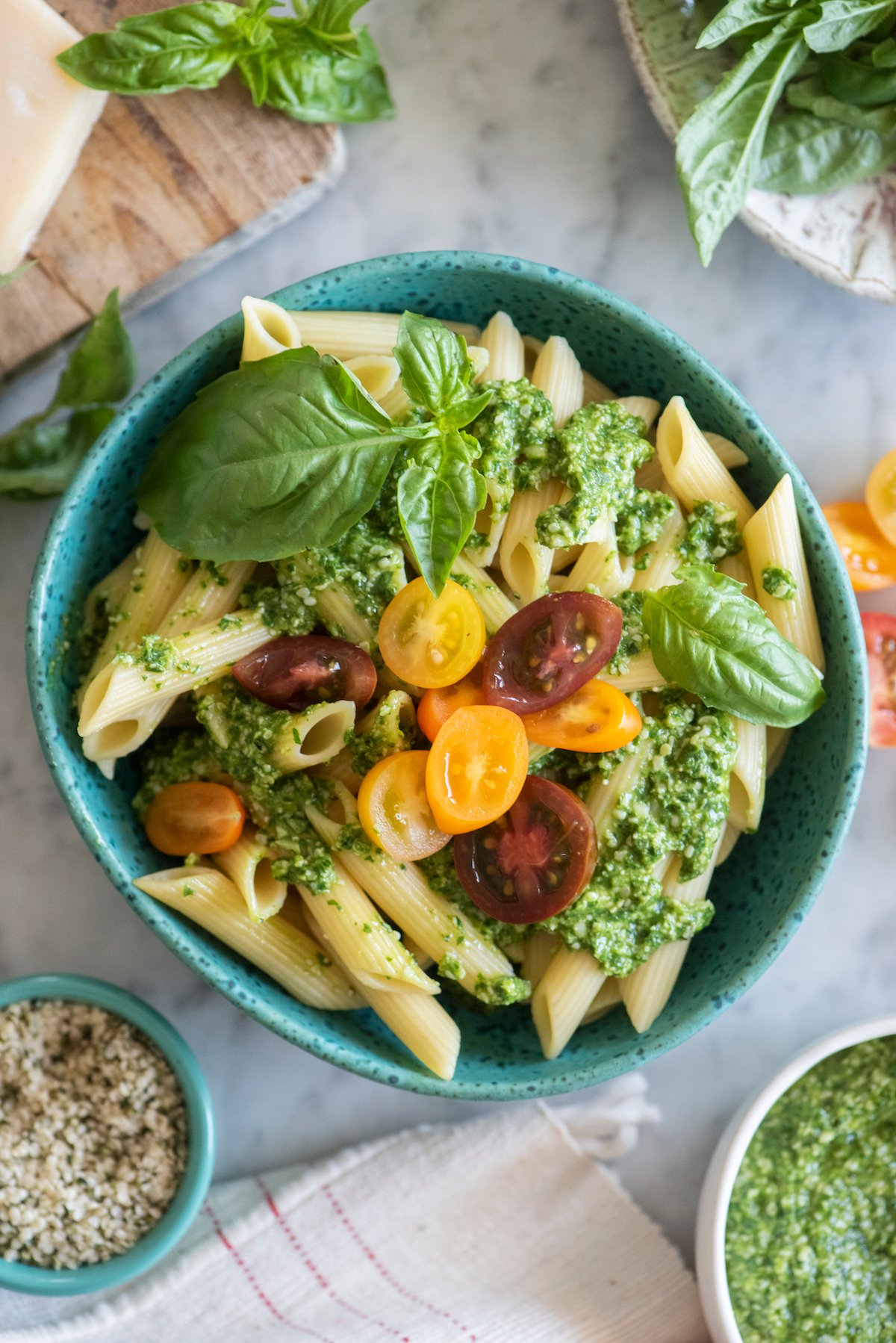 pasta with pesto and cherry tomatoes