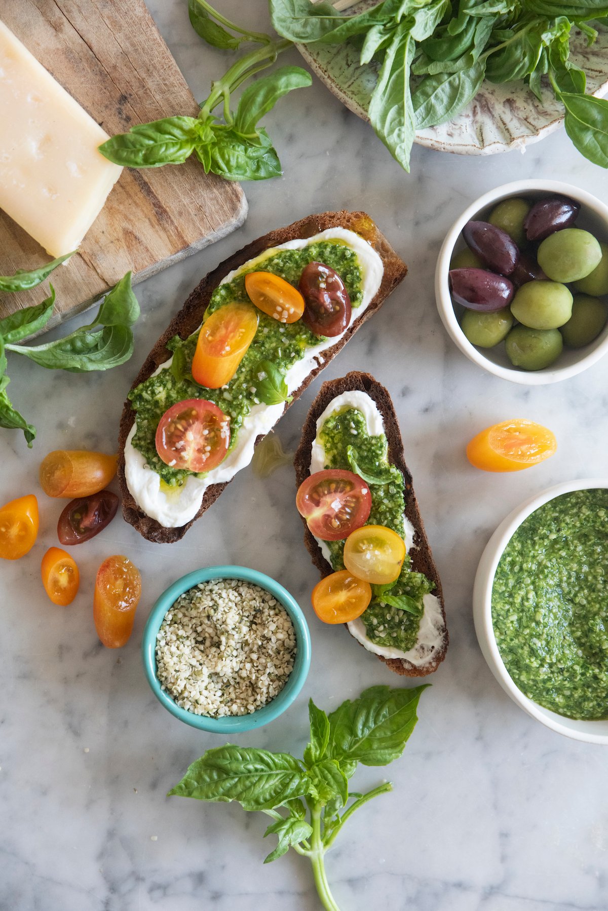 hemp seed pesto and ricotta cheese on crusty bread