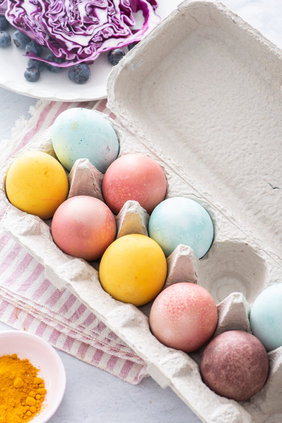 pink, yellow and blue eggs