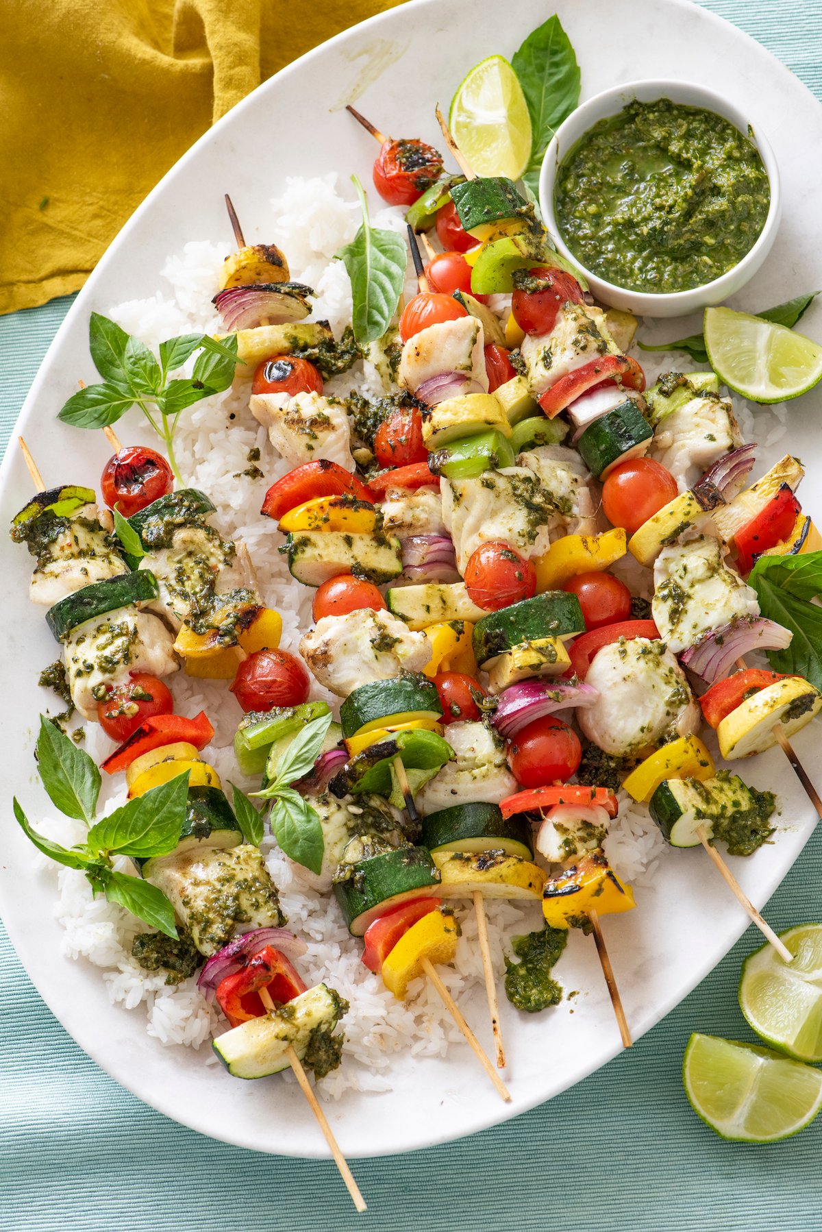 halibut pesto kabobs on bed of rice