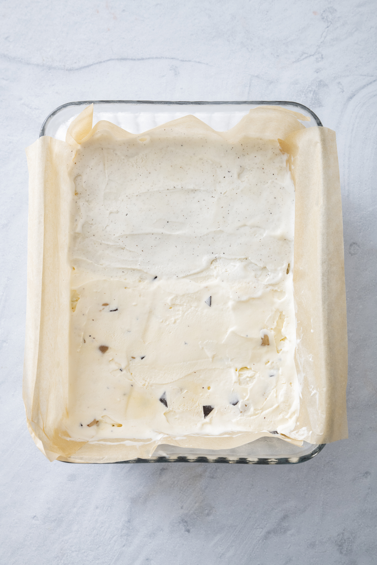 ice cream in rectangular baking dish