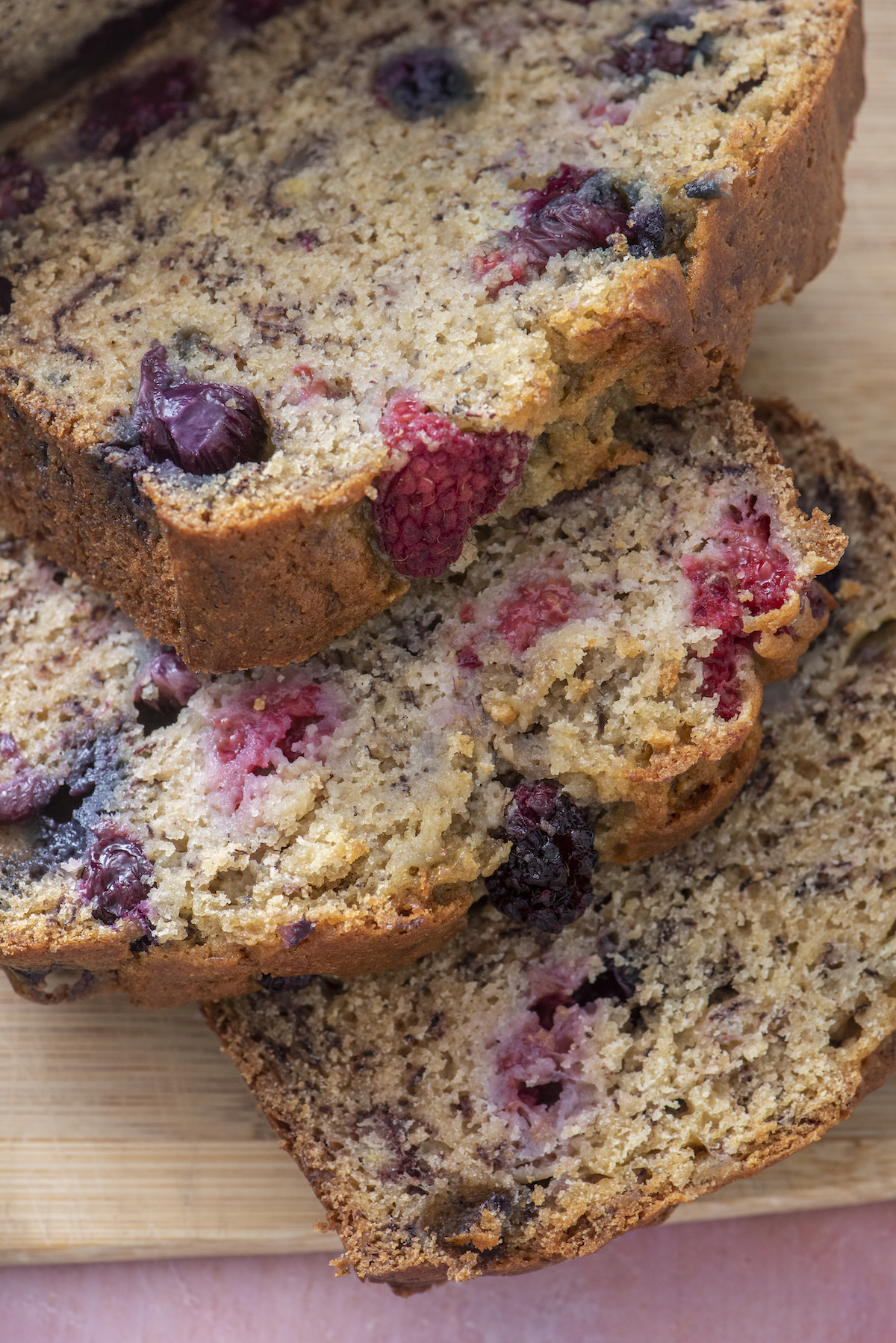 Close up of a slice of Banana Berry Bread