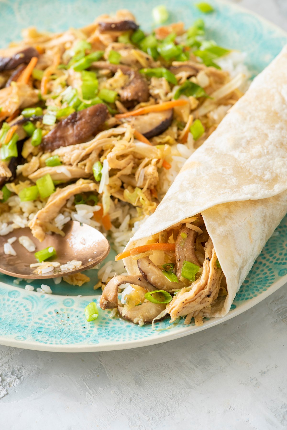 Mu shu chicken in tortilla wrap