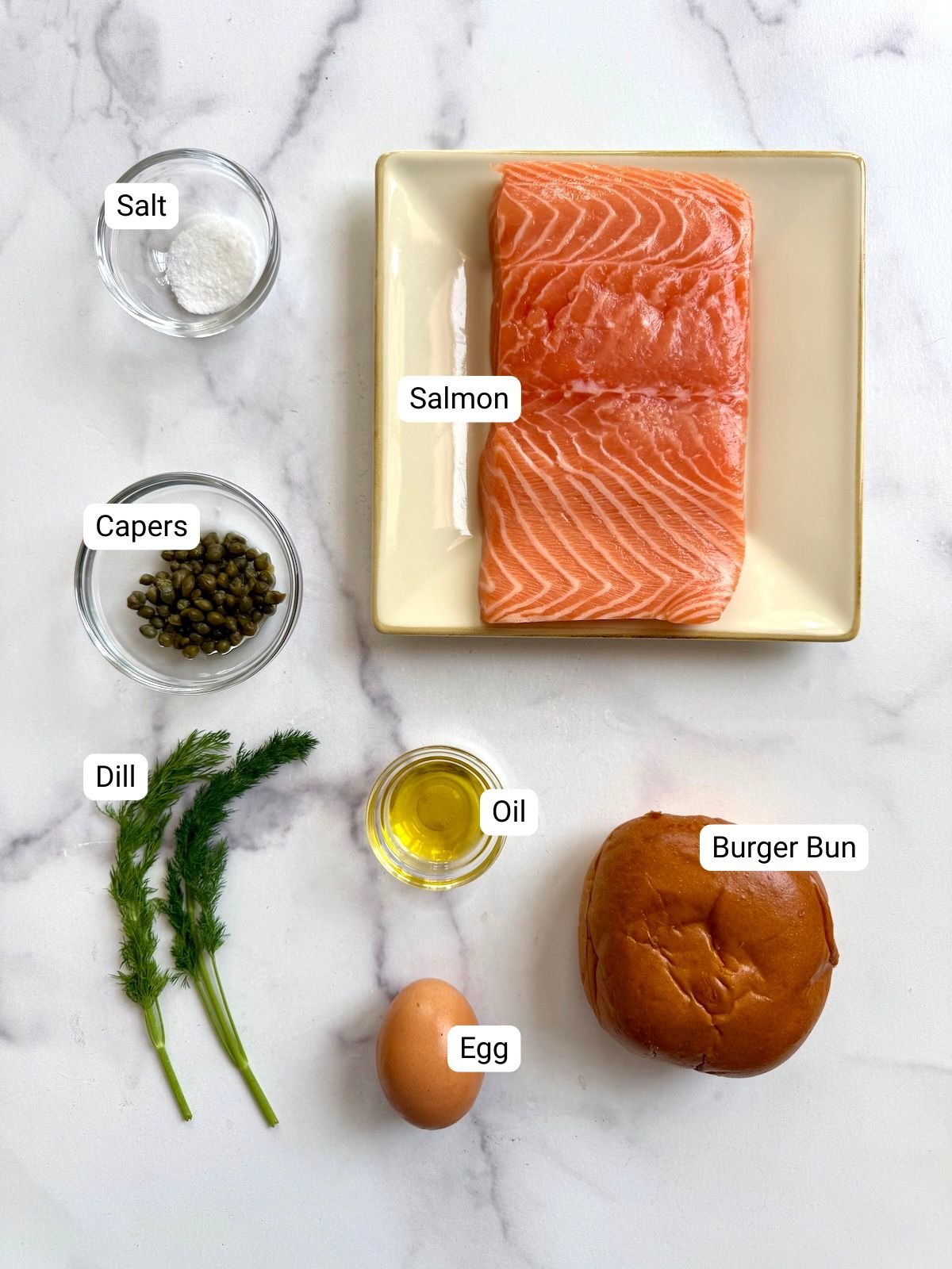 Ingredients for salmon burgers.