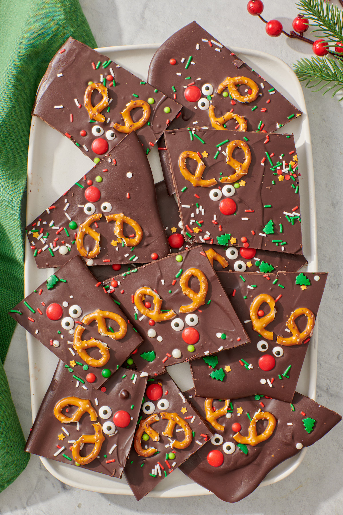 Chocolate Bark with reindeer faces.