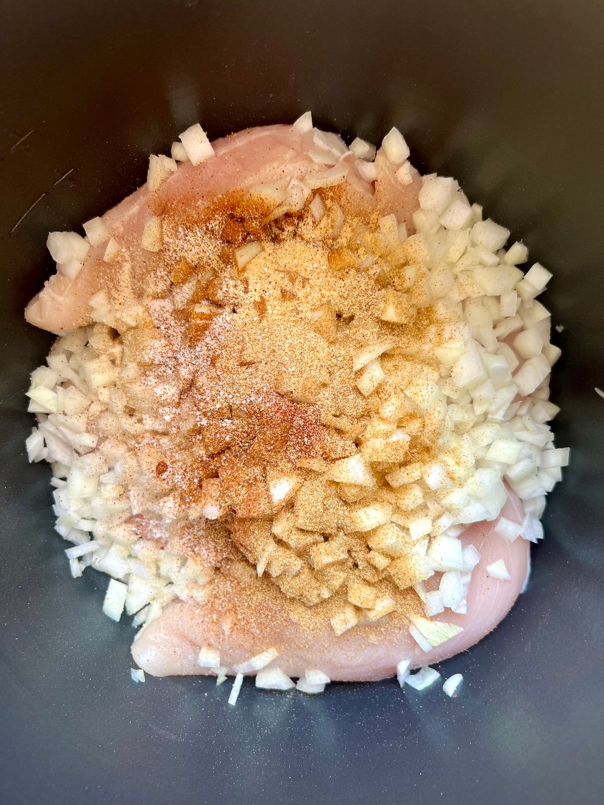 Chicken breasts, diced onion and seasonings in a slow cooker.