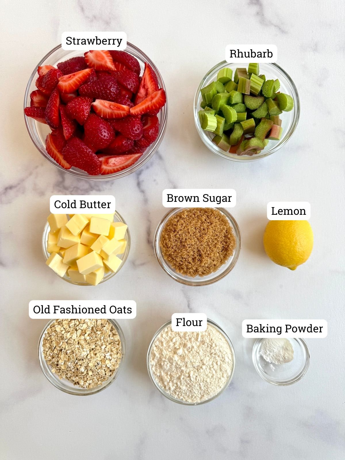 Strawberry rhubarb crumble ingredients.