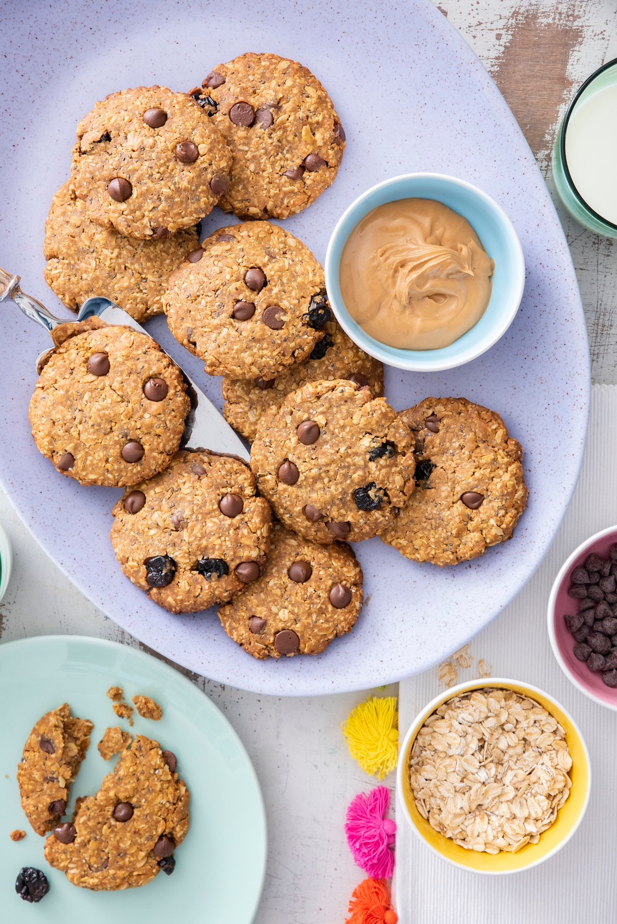 Good morning protein cookies on purple serving platter.