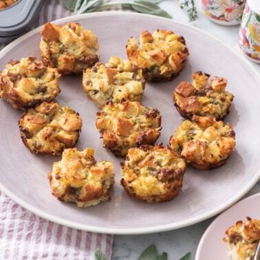 Individual stuffing bites on a plate.