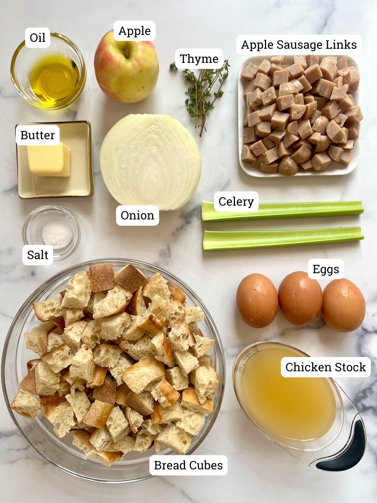 Ingredients for apple sausage stuffing bites.