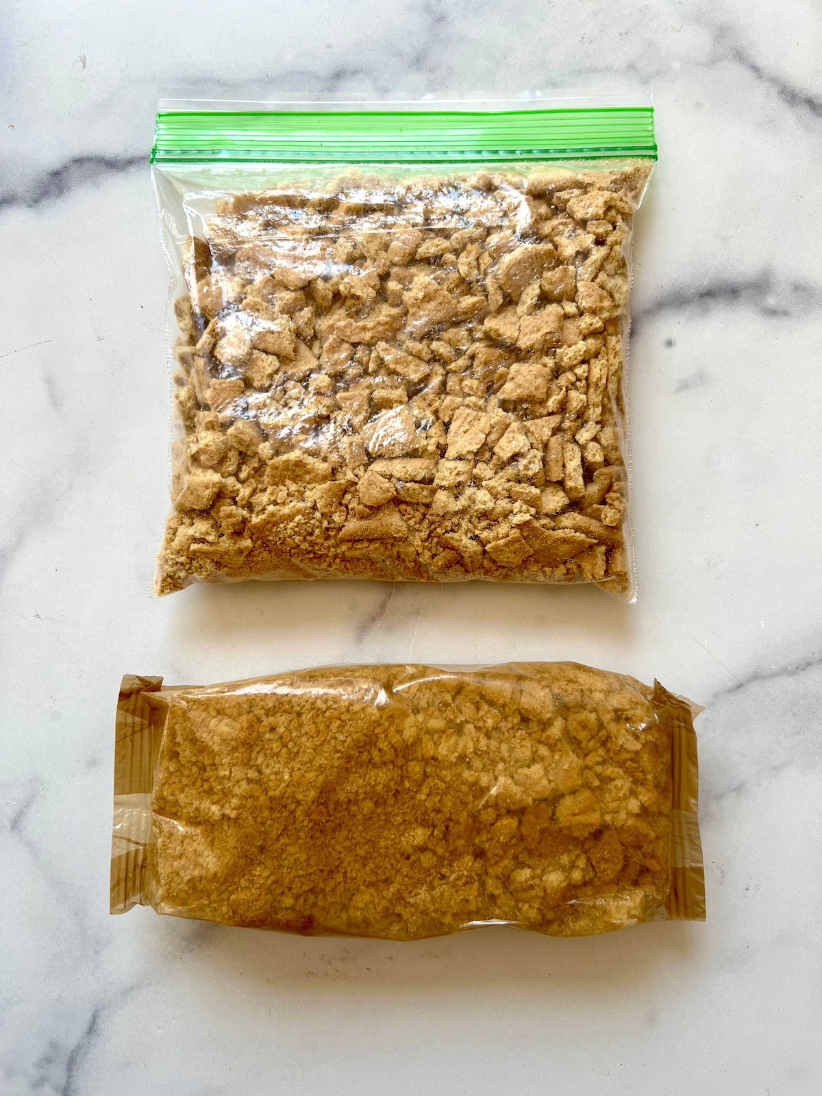 Crushed graham crackers in a bag.