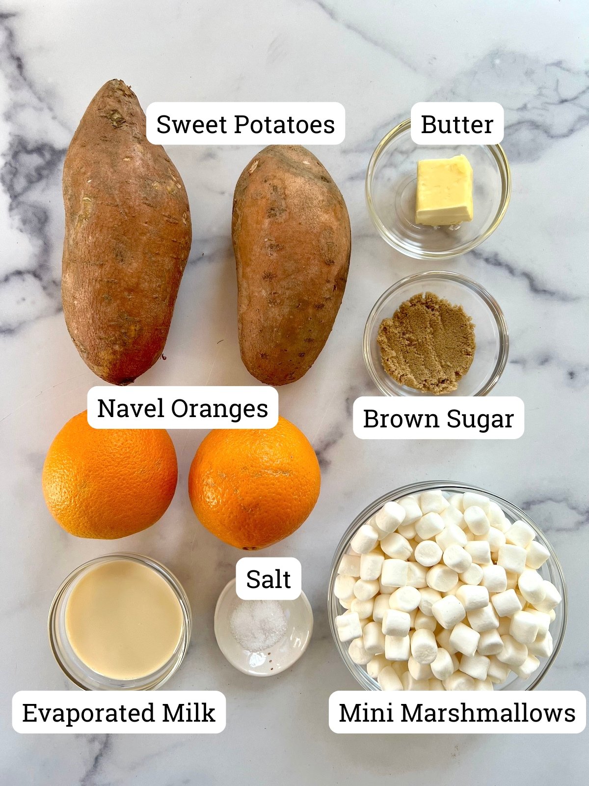 Ingredients for sweet potato casserole in orange cups.