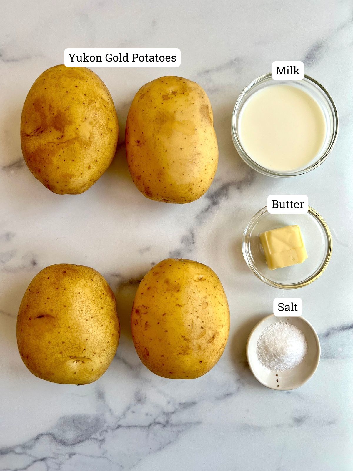 Ingredients needed to Yukon gold mashed potatoes.