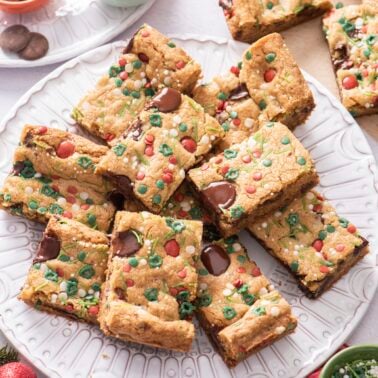 Chocolate Chip Cookie Bars on a serving plate.