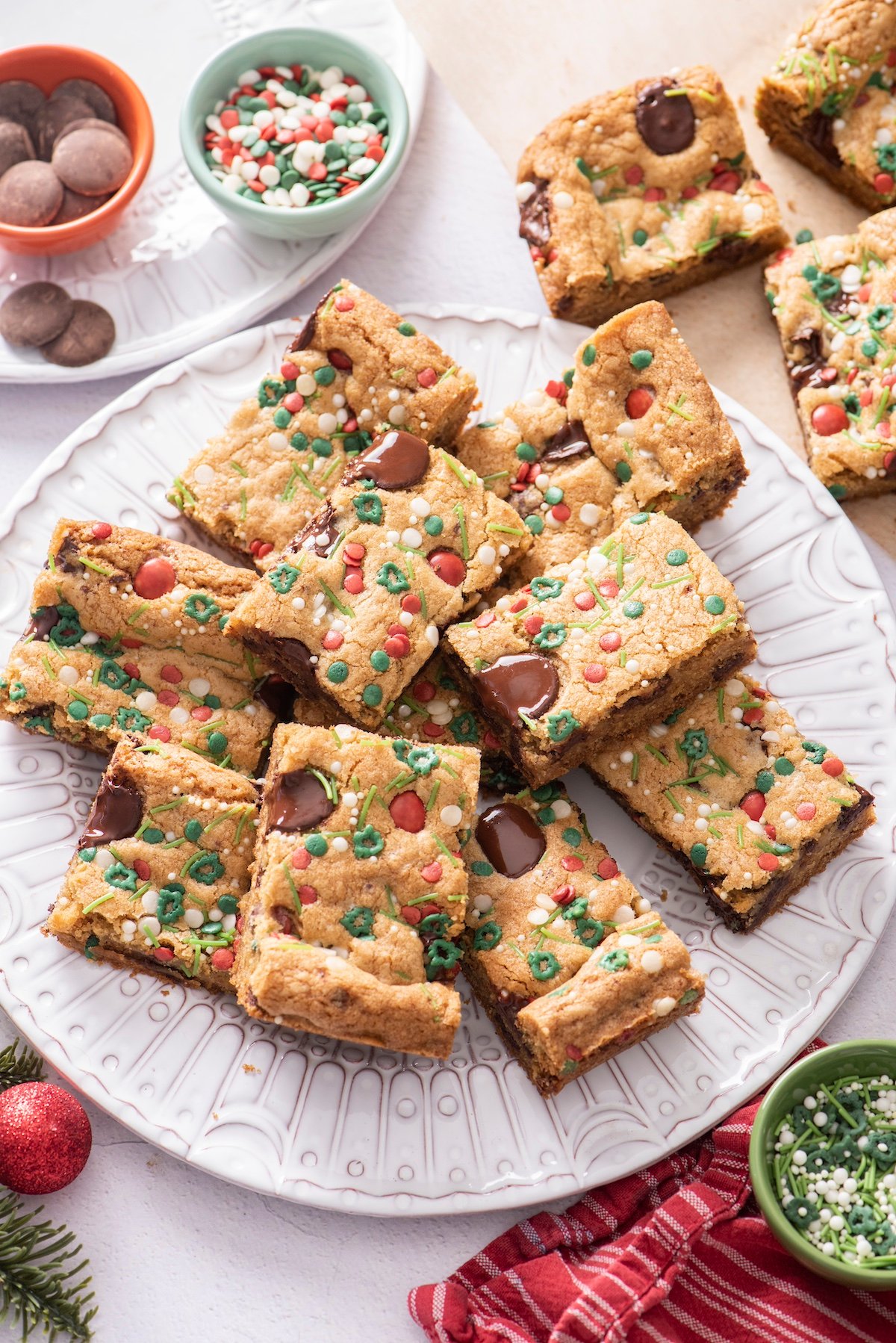 Chocolate Chip Cookie Bars on a serving plate.