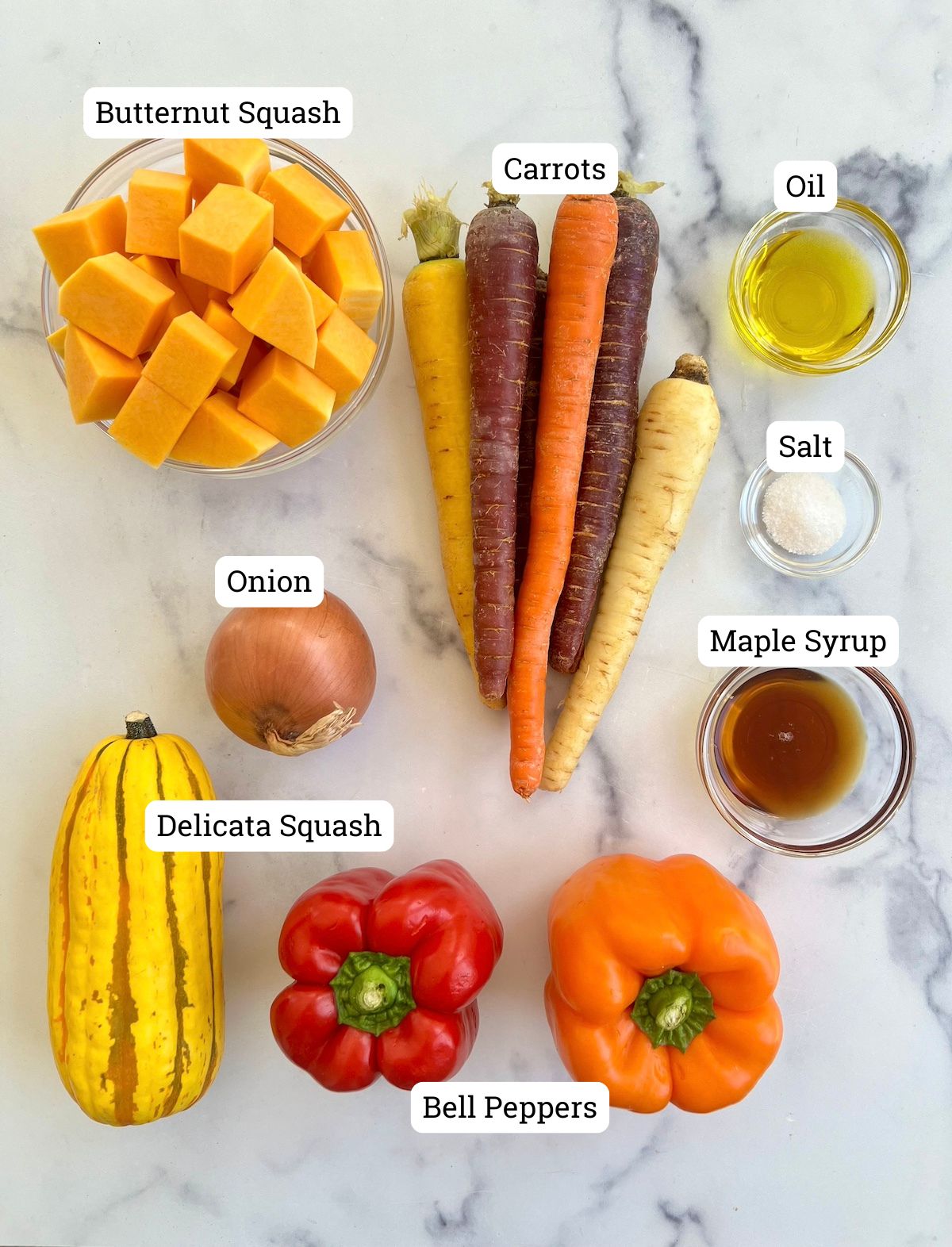 Ingredients for maple roast vegetables.