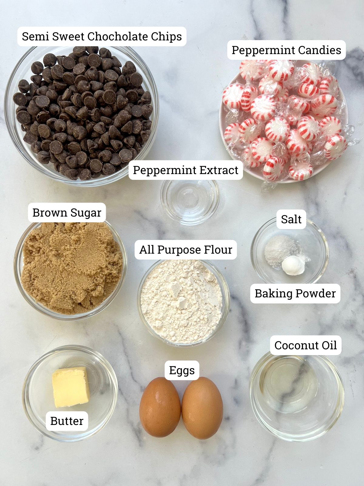 Ingredients for peppermint chocolate brownie cookies.