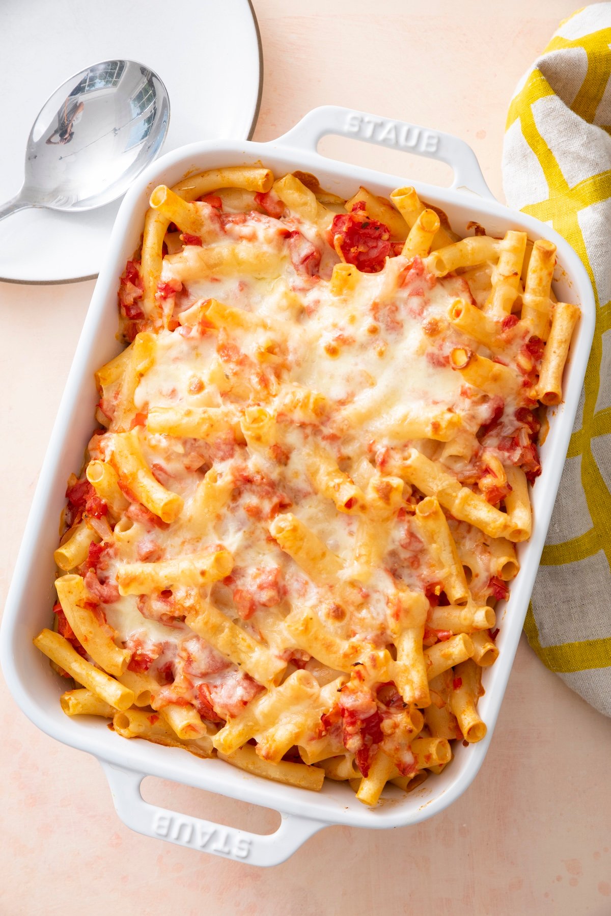 Baked ziti in a baking pan.