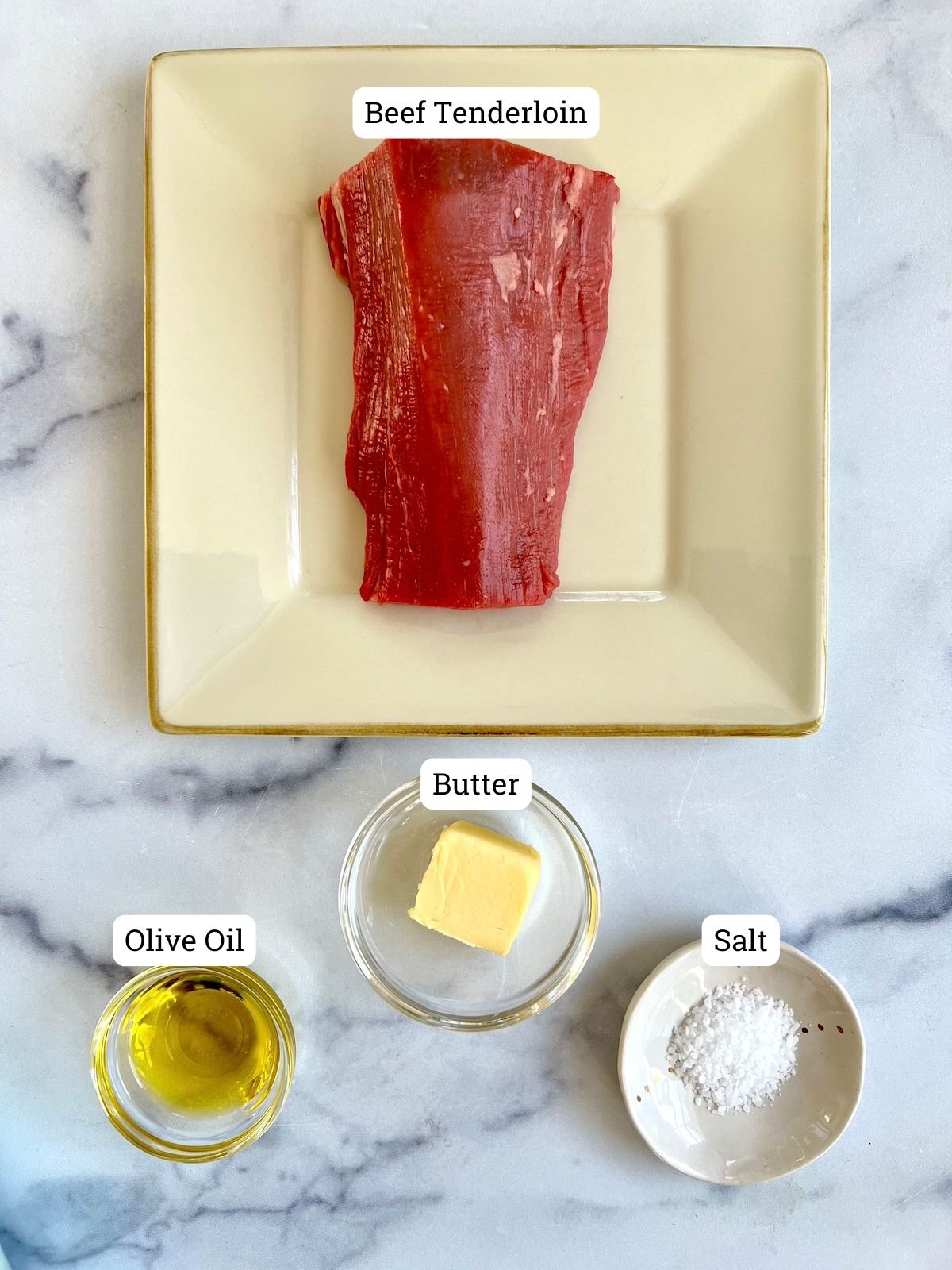 Ingredients needed for pan seared beef tenderloin recipe.