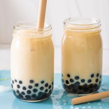 Two glasses of boba tea.