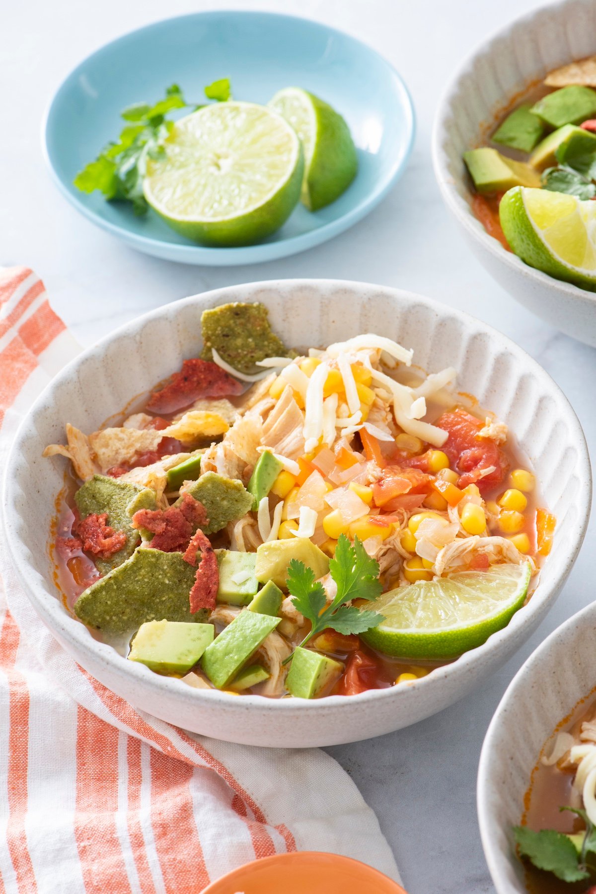 Chicken tortilla soup in a bowl.