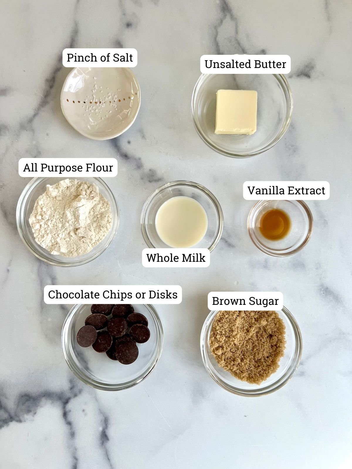 Ingredients for microwave chocolate chip cookie.