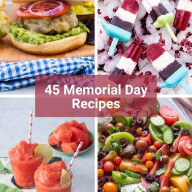 45 Best Memorial Day Recipes with burgers, red white and blue popsicles, watermelon slushie, and heirloom tomato salad.