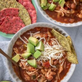 Slow cooker chicken chili in a serving bowl.