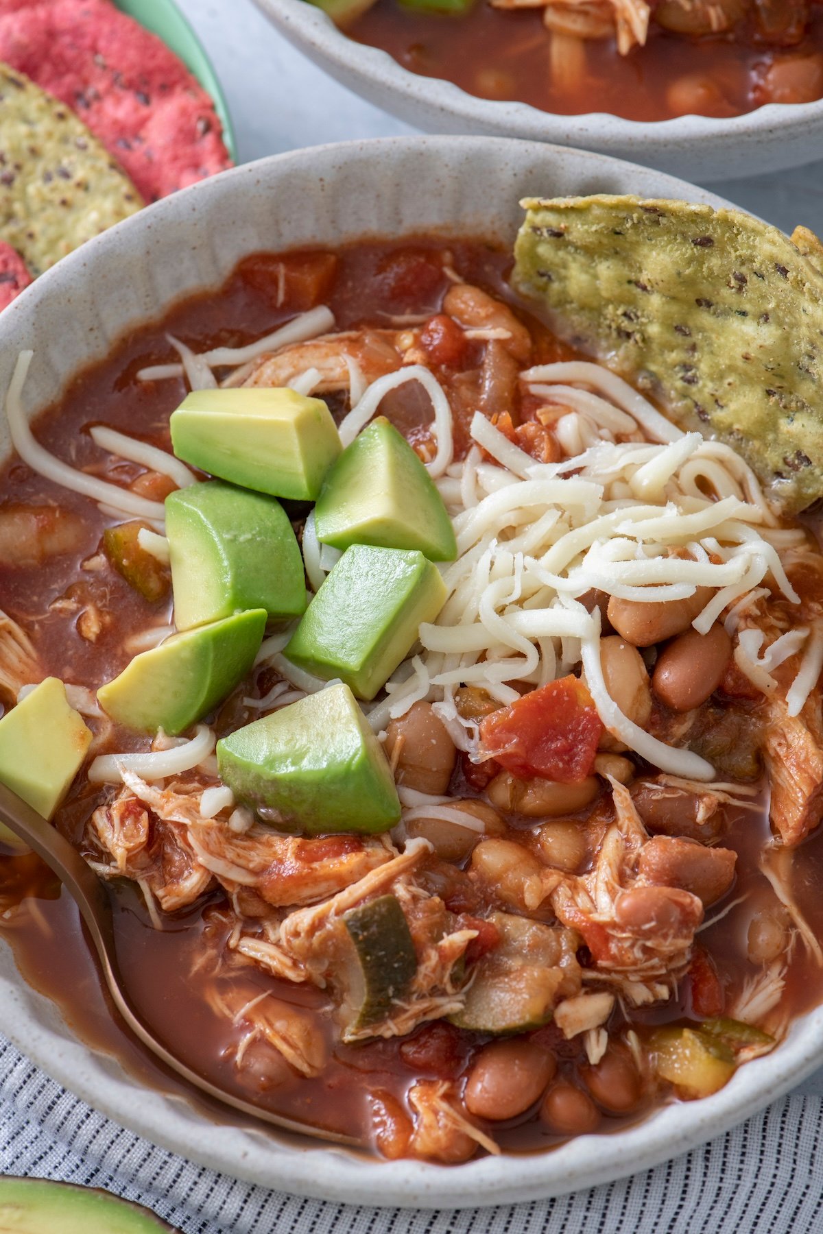 Slow cooker chicken chili in a bowl.