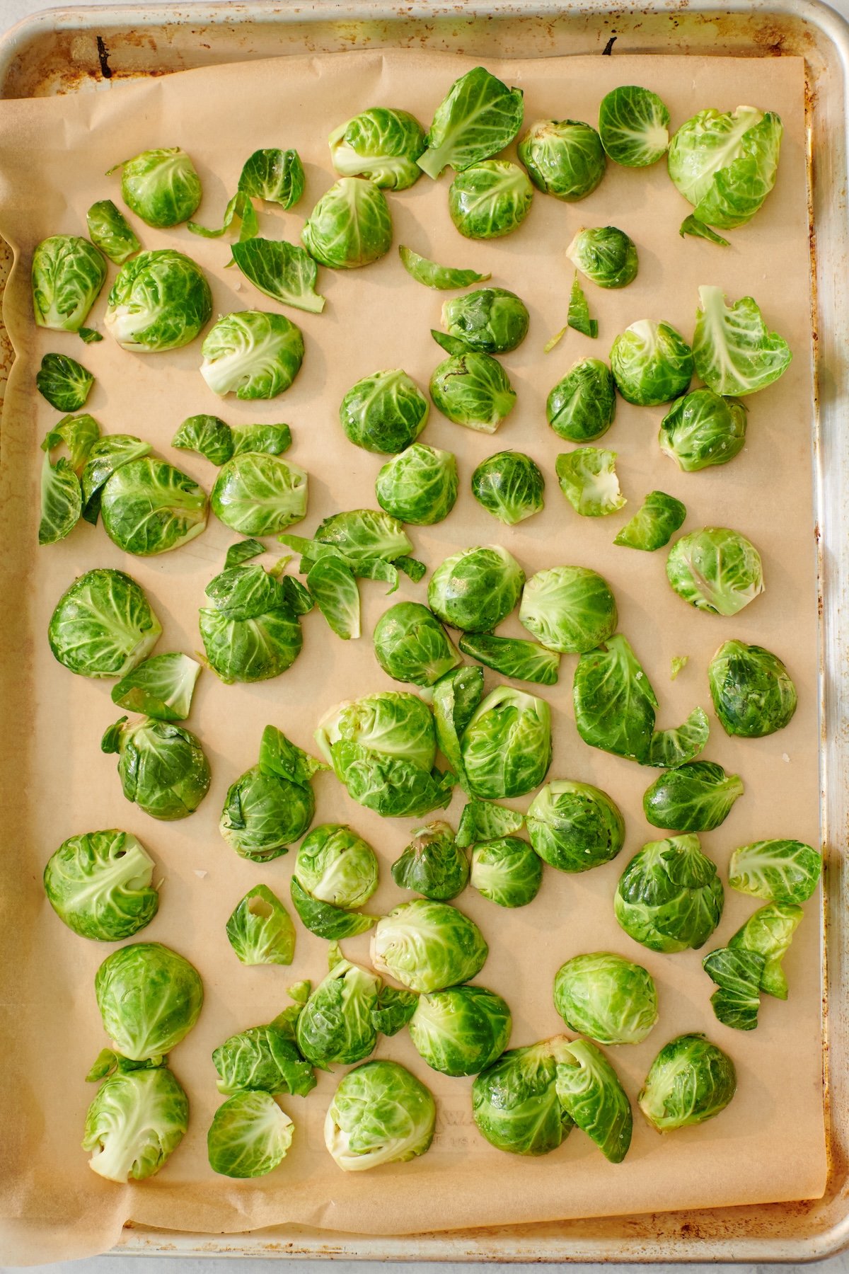 Brussels sprouts cut side down on a sheet tray.