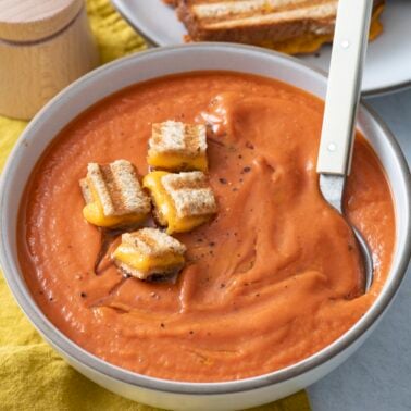 Roasted tomato soup in a bowl.