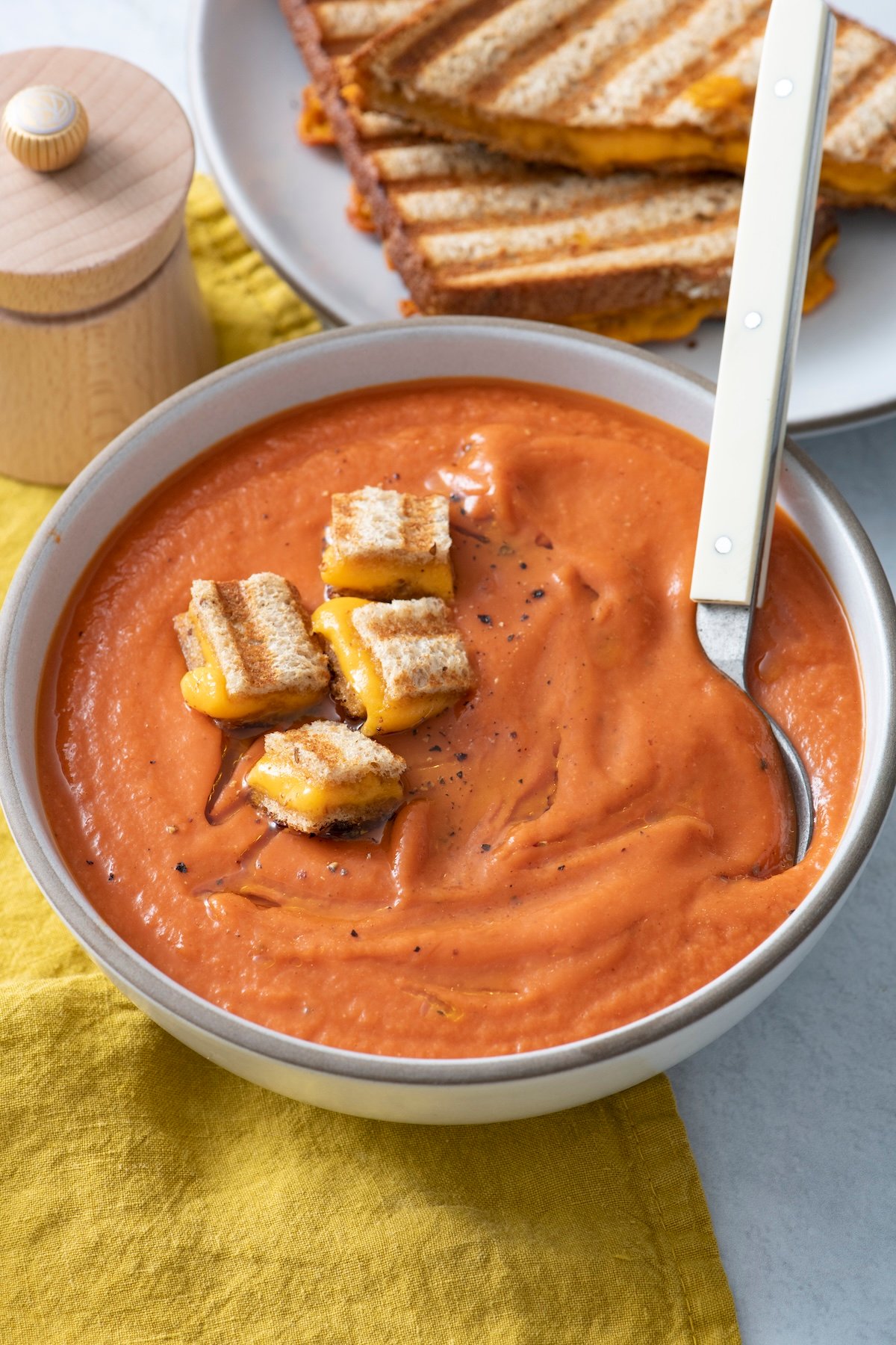 Roasted tomato soup in a bowl.