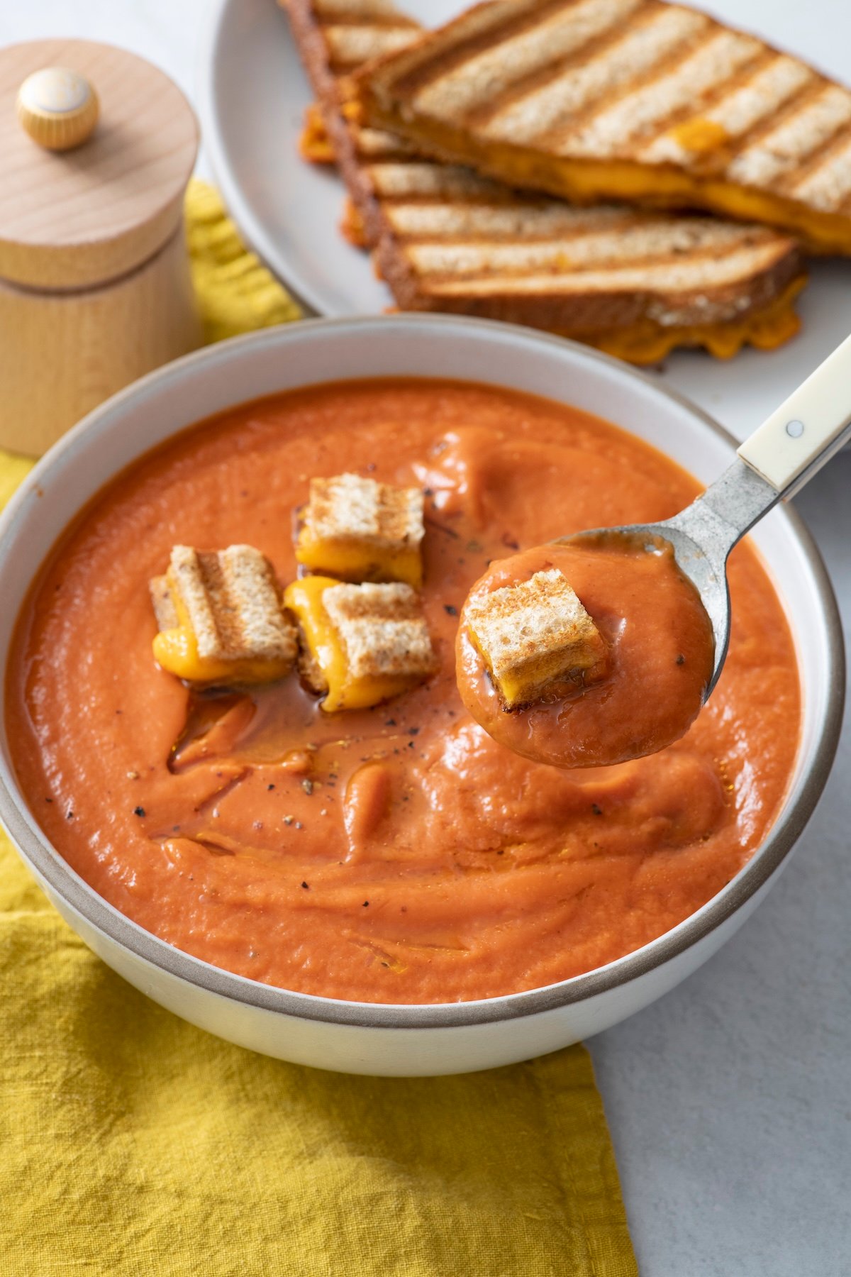 Roasted tomato soup in a bowl.