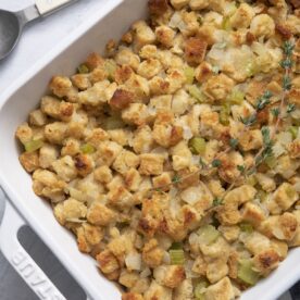 Super simple stuffing in a baking dish.