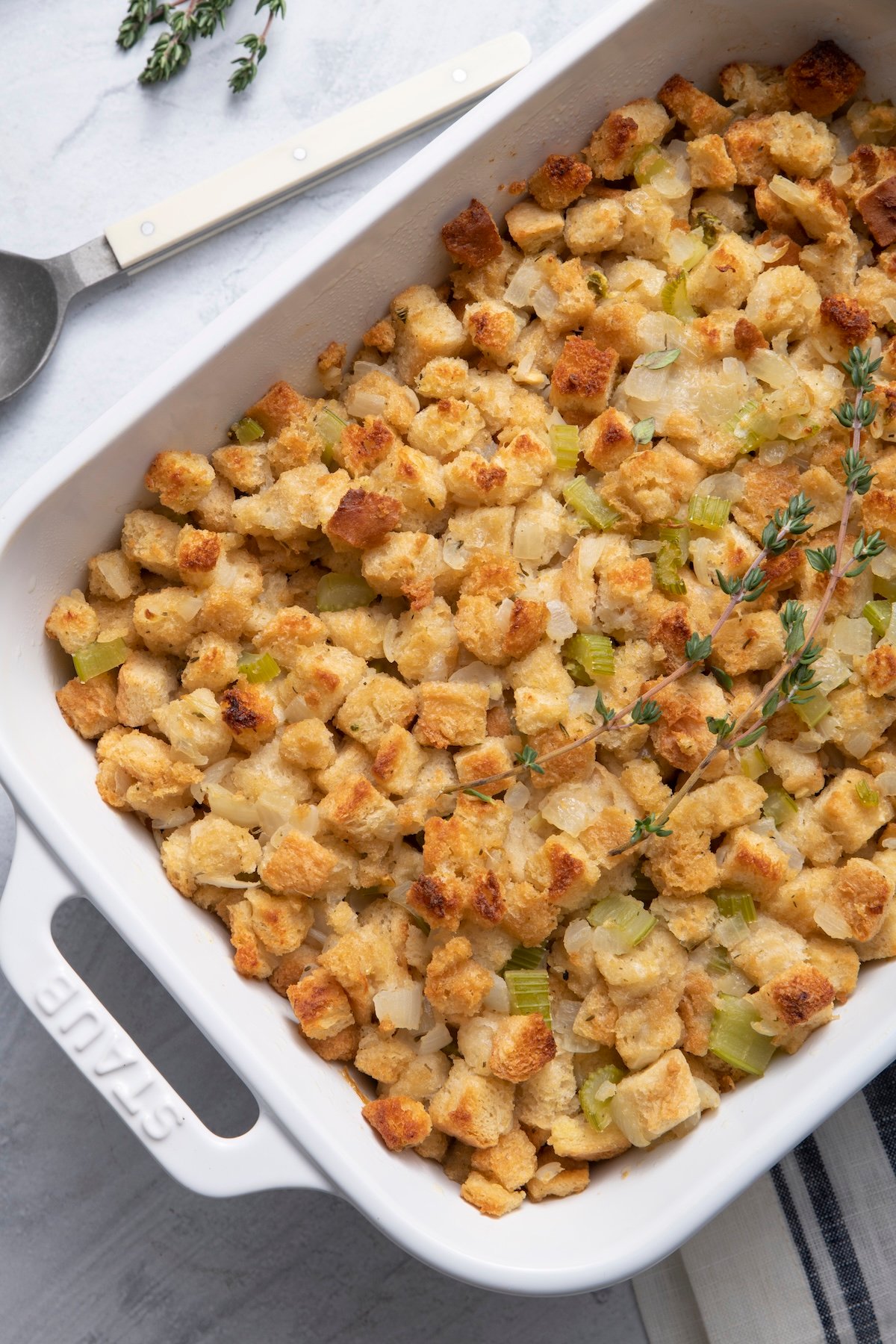 Super simple stuffing in a baking dish.