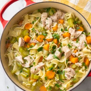 Chicken noodle soup in a pot.
