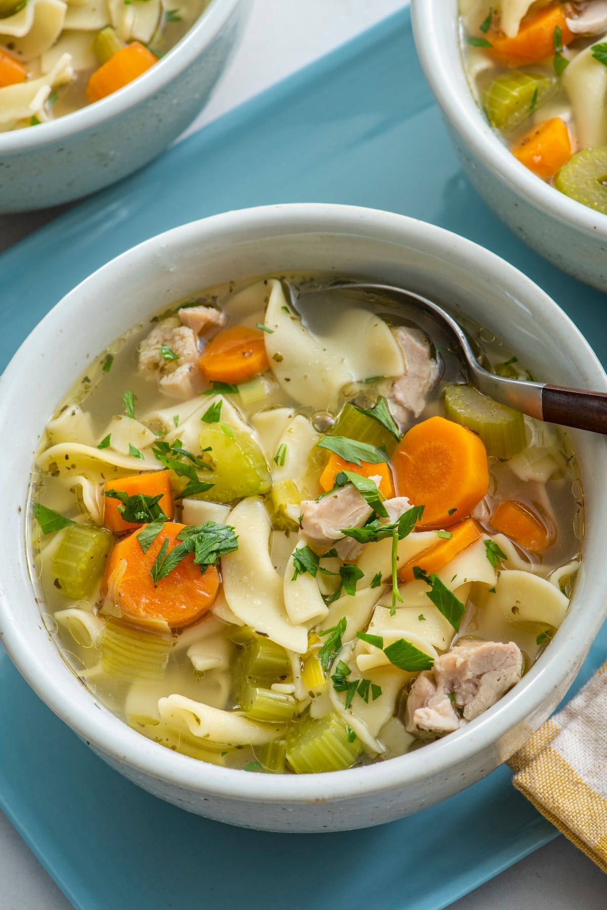 A warm bowl of chicken noodle soup.