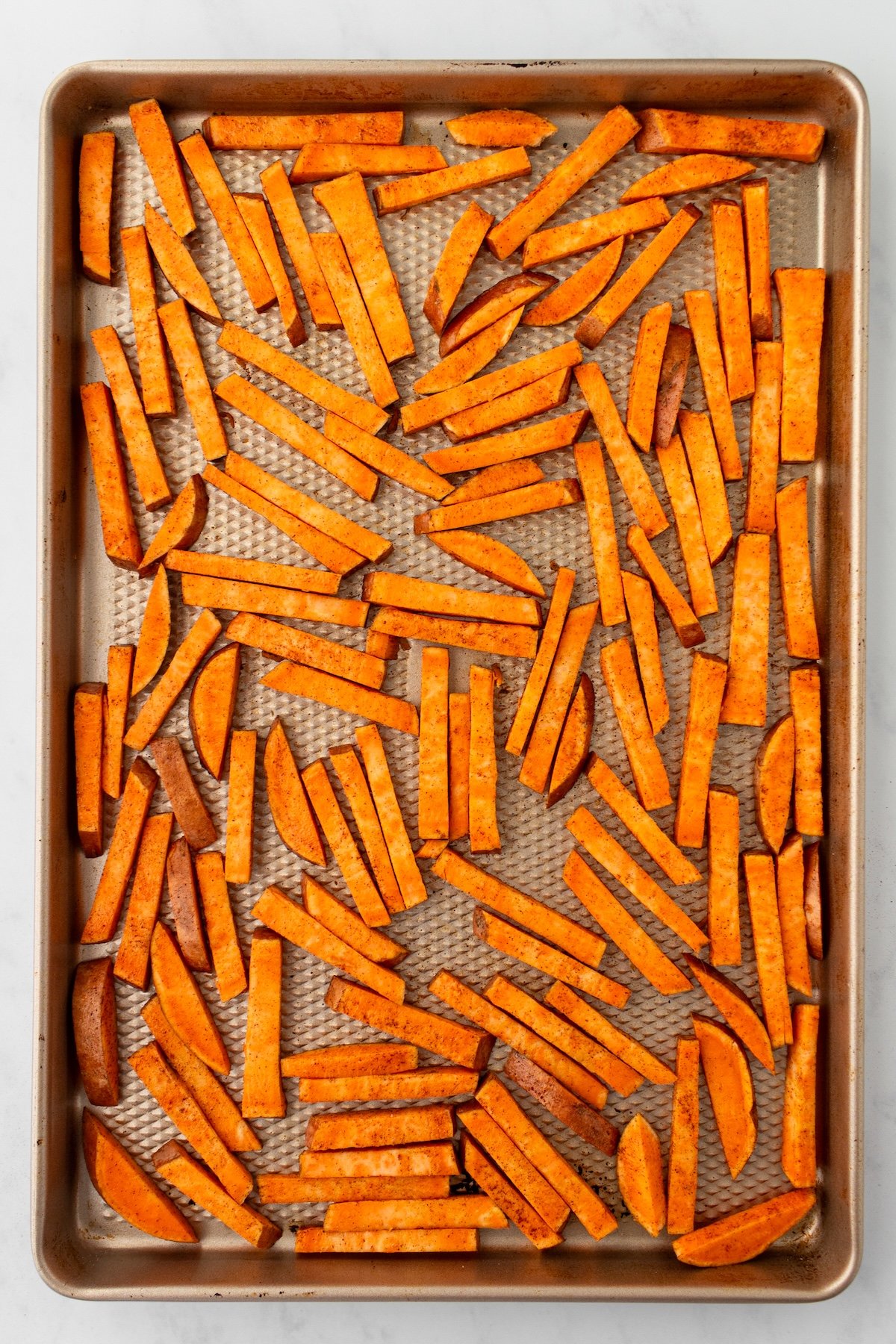Sweet potato fries ready to bake.