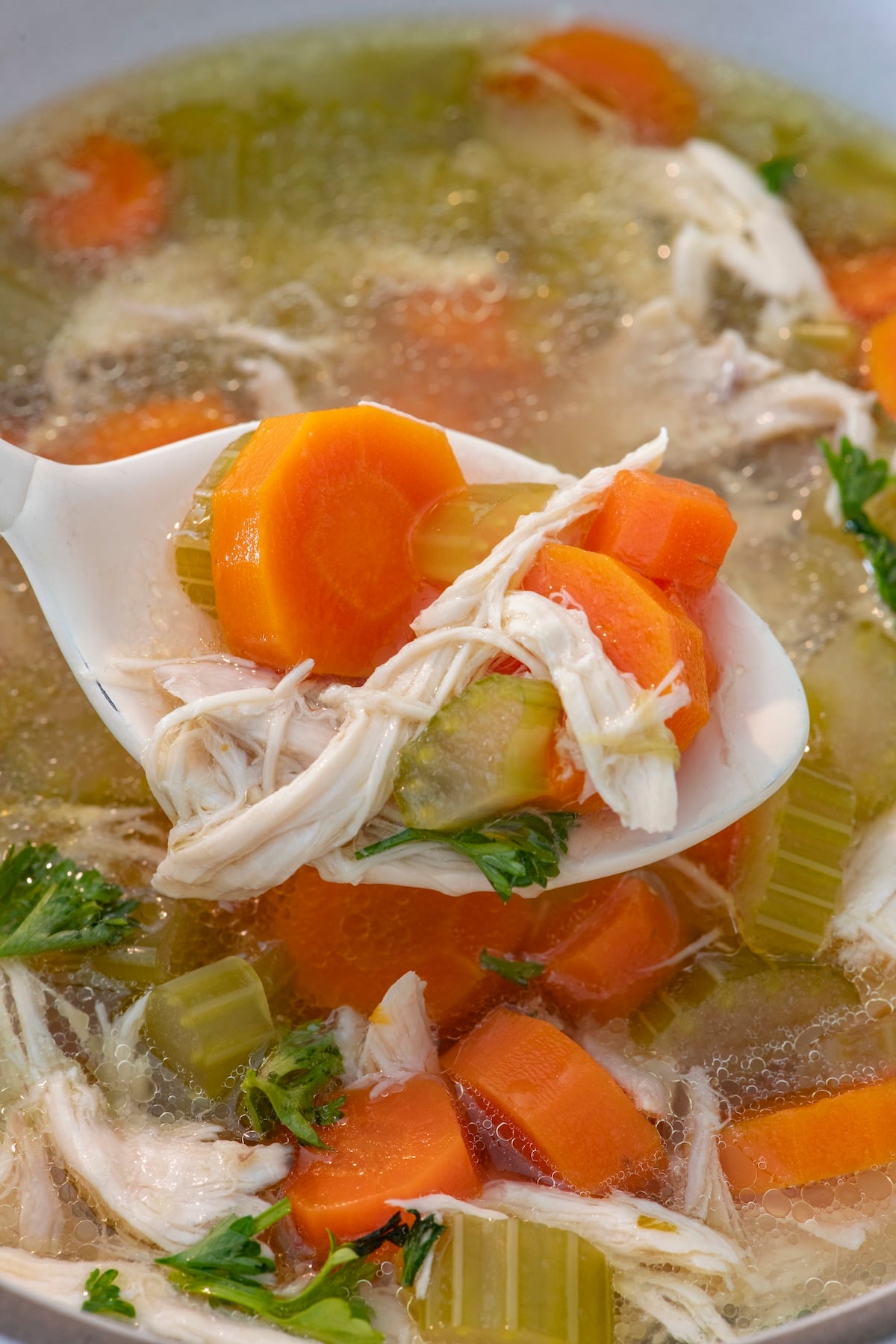 A spoonful of pressure cooker chicken soup.