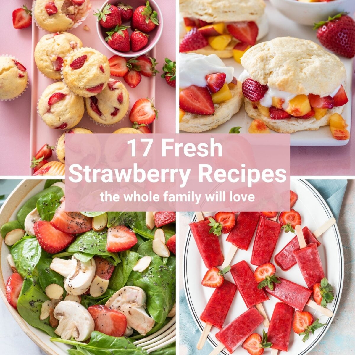 A collage of four fresh strawberry recipes including strawberry muffins, peach strawberry shortcakes, strawberry spinach salad, and strawberry popsicles.