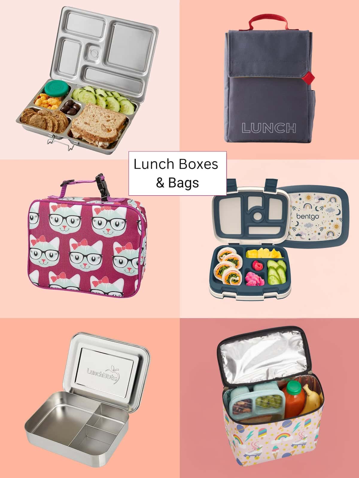 A collage displays six lunch boxes and bags, including bento-style trays, an insulated cat-print bag, a gray backpack-style bag, a floral cooler bag, and a stainless steel box with snacks and meals inside.