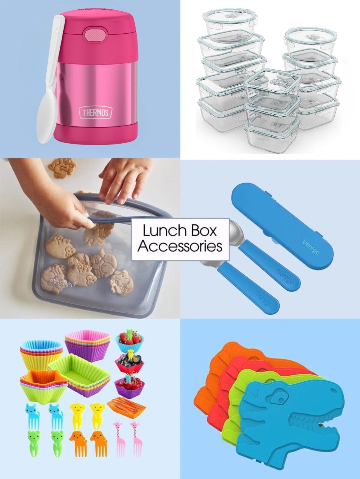 A collage showing lunch box accessories: a pink thermos with a spoon, glass containers, silicone bag with cookies, blue cutlery, colorful cupcake liners and picks, and dinosaur-shaped ice packs.