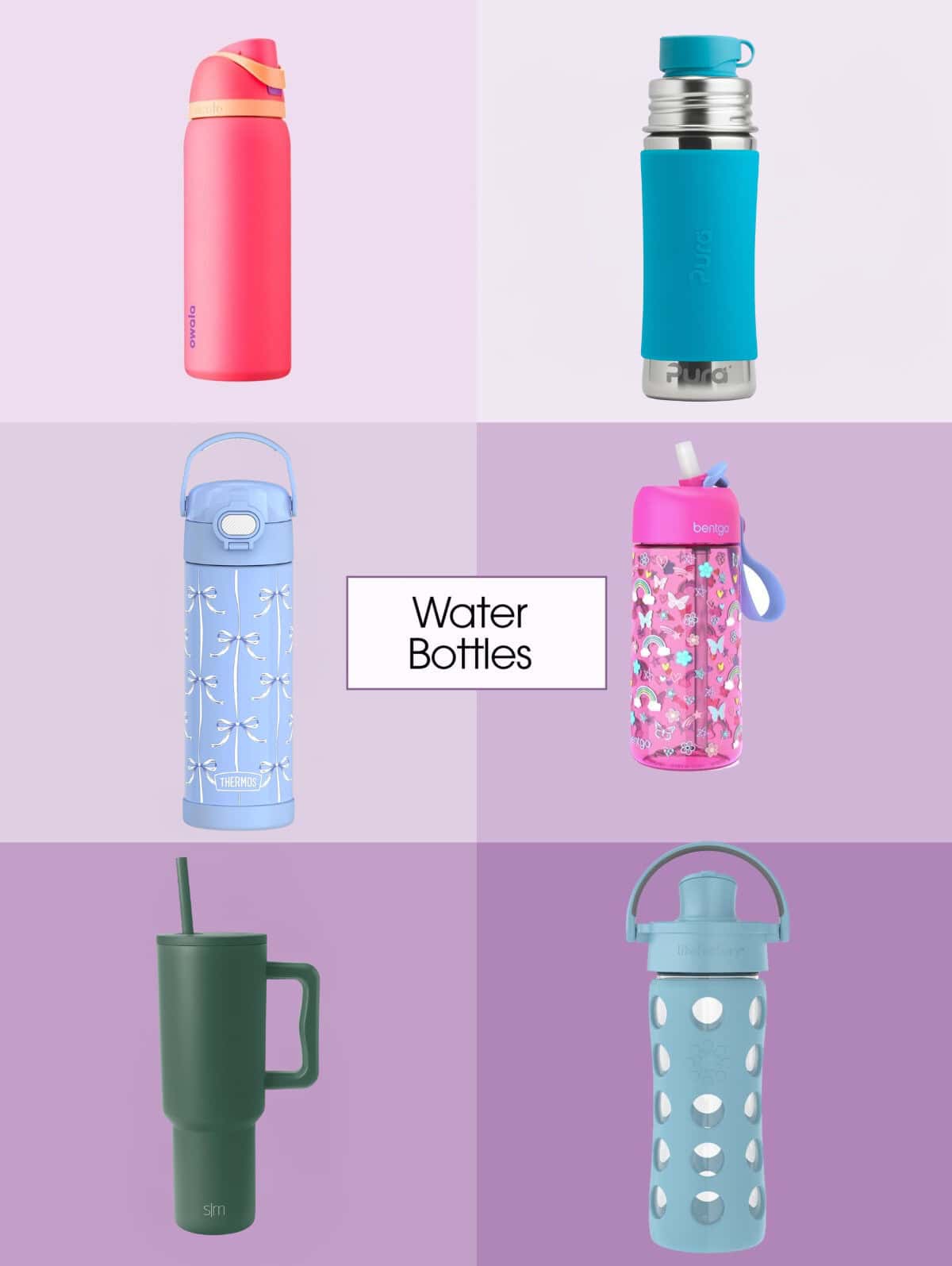 Six different styles of reusable water bottles are arranged around a center label reading Water Bottles on a purple background. The bottles vary in colors, shapes, and lids.